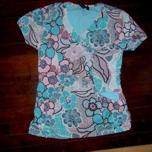 size extra small womens scrub work wear shirt pattern print top floral blue